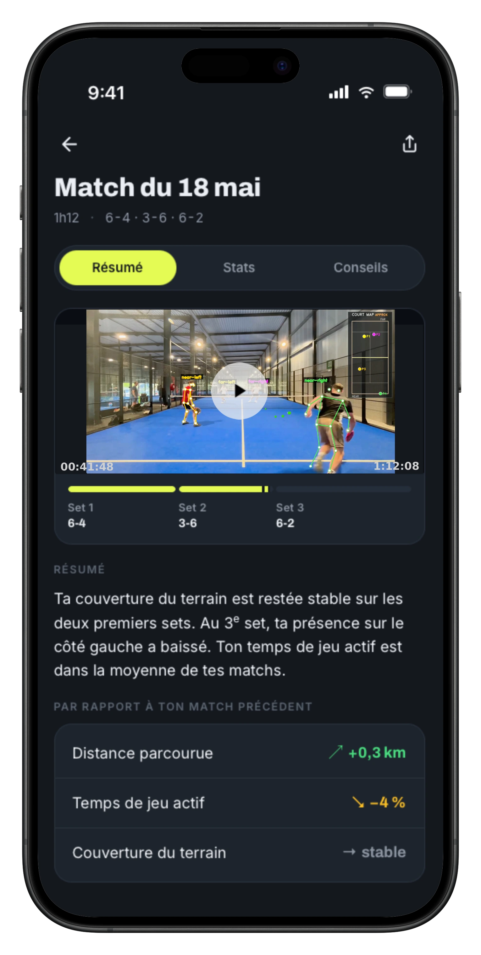 Kanchara analysis screen: match summary with video, sets and stats